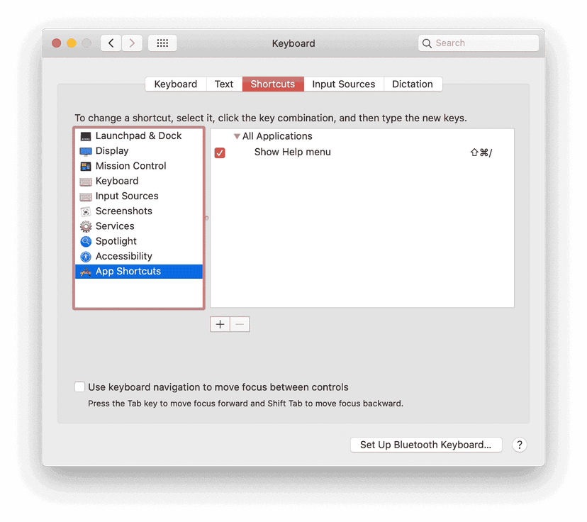 Keyboard → Shortcuts → App Shortcuts