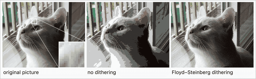 The first image uses 16M colors, and the second and third use 256 colors. Dithered images use compressed color space, but you can feel the details and gradients. Image from en.wikipedia.org