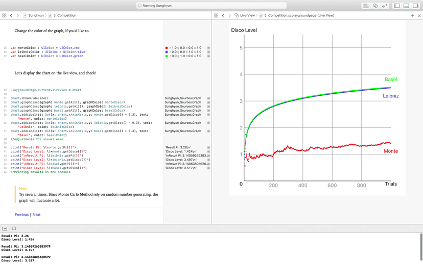▲  조성현 씨가 제출한 '스위프트 플레이그라운드' 화면. 원주율을 계산하는 다양한 수학적 방법을 경험할 수 있도록 했다.