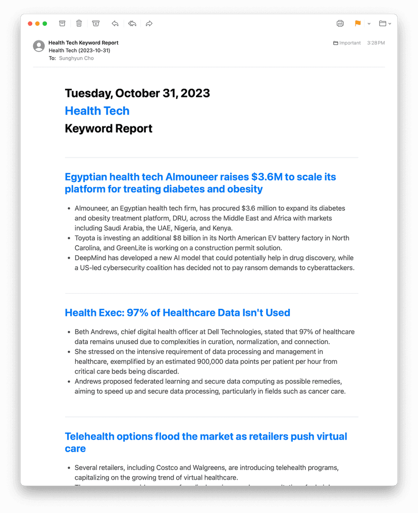 Subscribed to Health Tech, language set to English