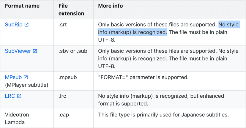 No style info (markup) is recognized in SubRip.
