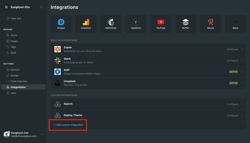 Ghost Admin Integrations Panel Image