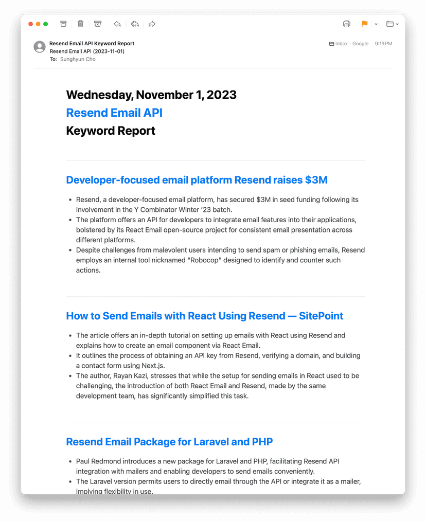 Subscribed to Resend Email API, language set to English