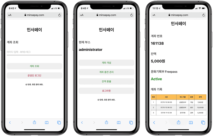 Main Home, Admin Page, and Balance Check Page of the product.