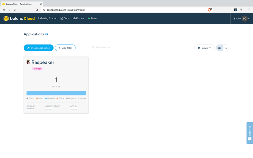 아까 기억하라고 했던 그 이름이다! 이 경우는 Raspeaker가 앱 이름이다.