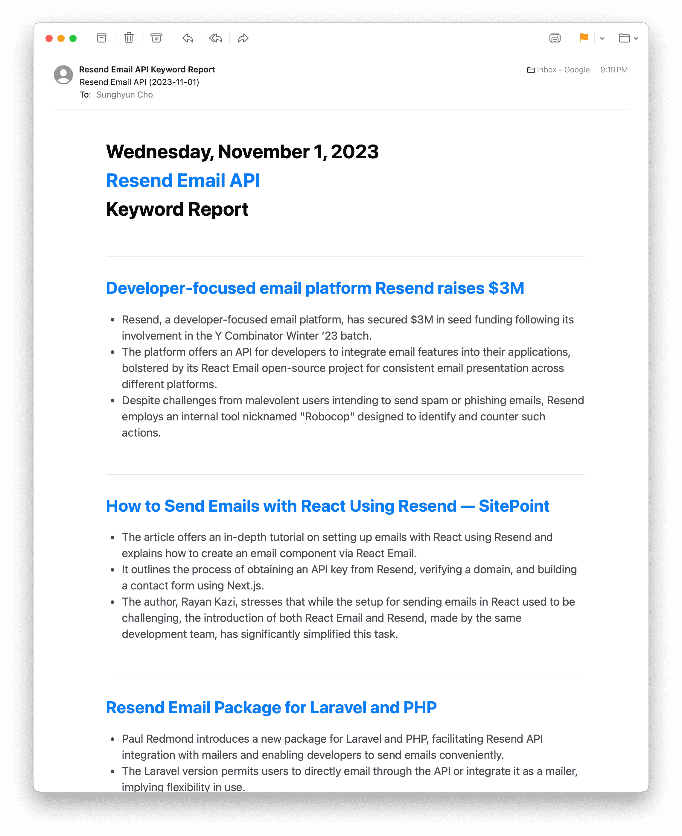 Subscribed to Resend Email API, language set to English