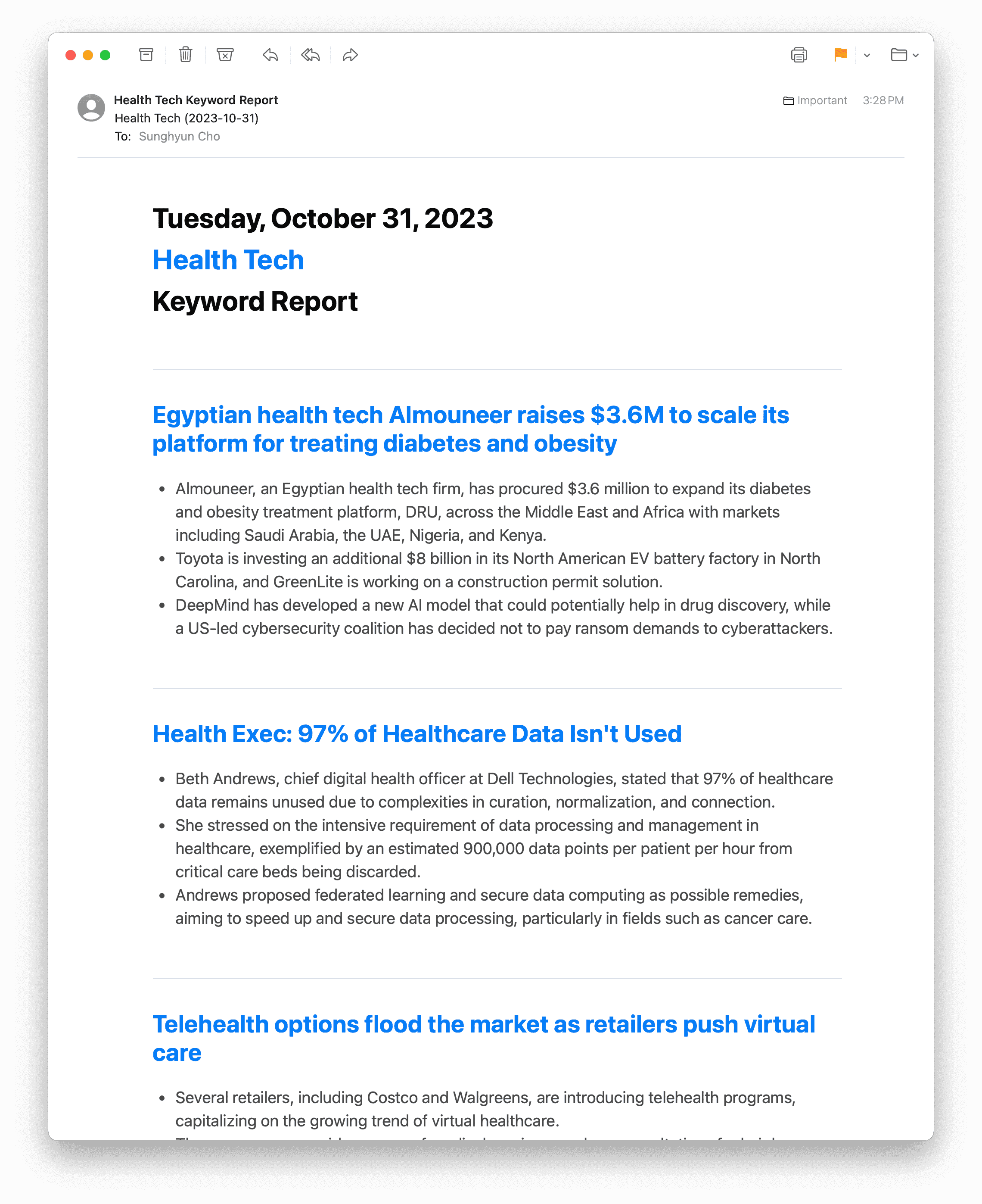 Subscribed to Health Tech, language set to English