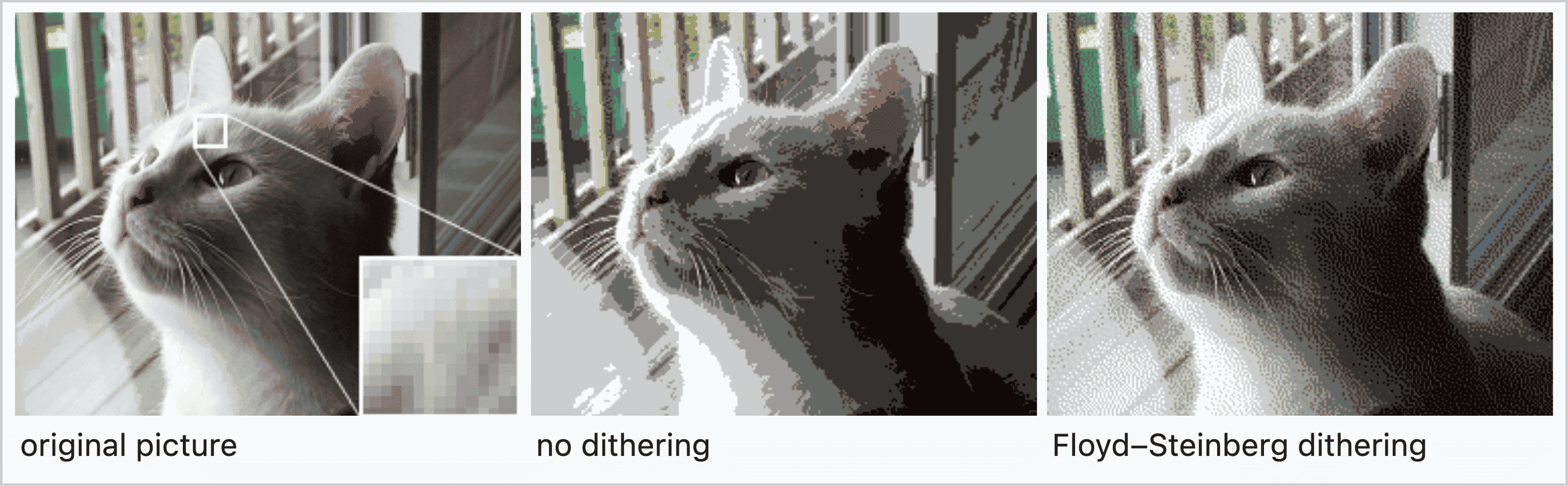 The first image uses 16M colors, and the second and third use 256 colors. Dithered images use compressed color space, but you can feel the details and gradients. Image from en.wikipedia.org
