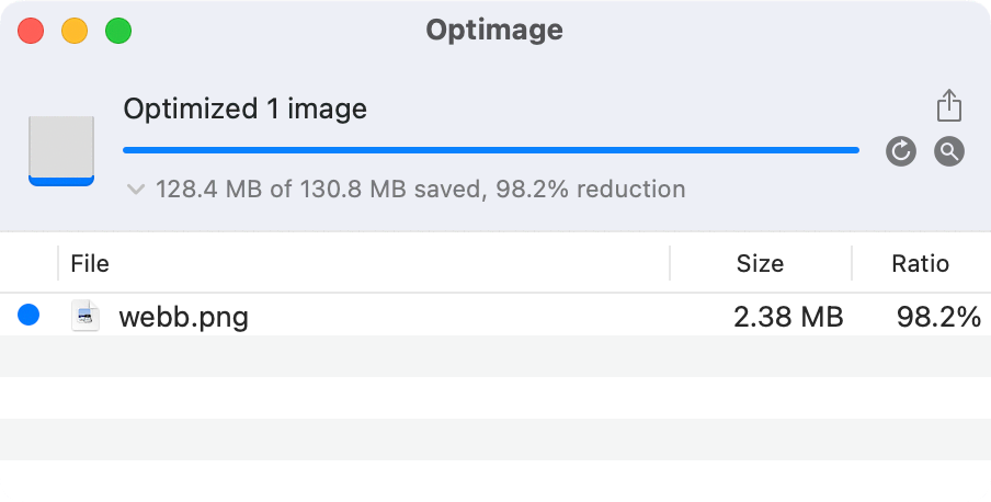 I used a popular image compression tool, Optimage, and it made the file 98% smaller.