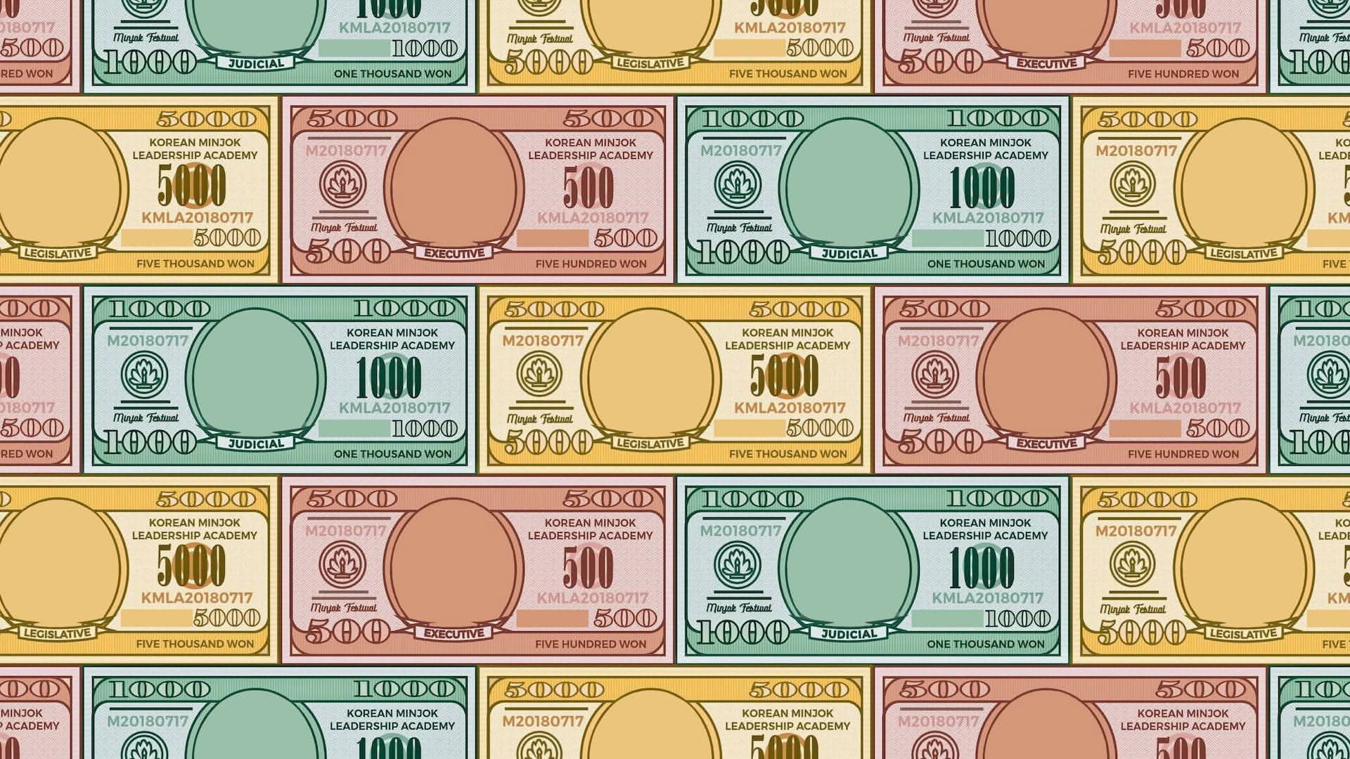 The Minjok Festival Note design for 2018 had photos of the KMLA student council members at the center of the bill. The yellow one was worth approximately 5.00, the green one was worth 1.00, and the red one was worth 50 cents.