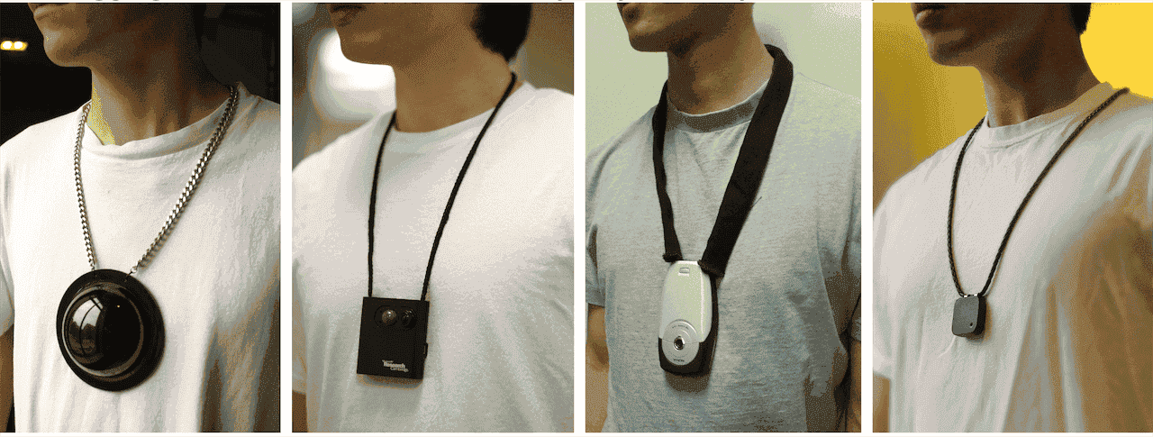 Mann Wearable Wireless Webcam (1998), Microsoft Sensecam (2004), Mann Fung Lo (2006); Memoto (2013). Glogger, CC BY-SA 3.0, via Wikimedia Commons